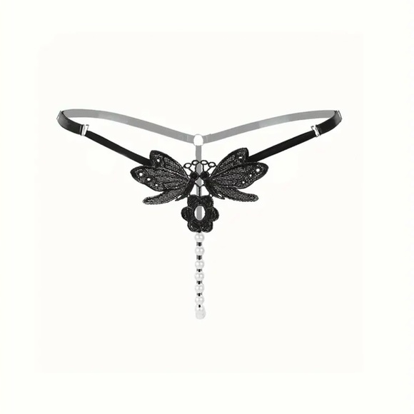 Other - Black Butterfly Embroidery Thongs Hollow Out Faux Pearl‎ Panties One Size